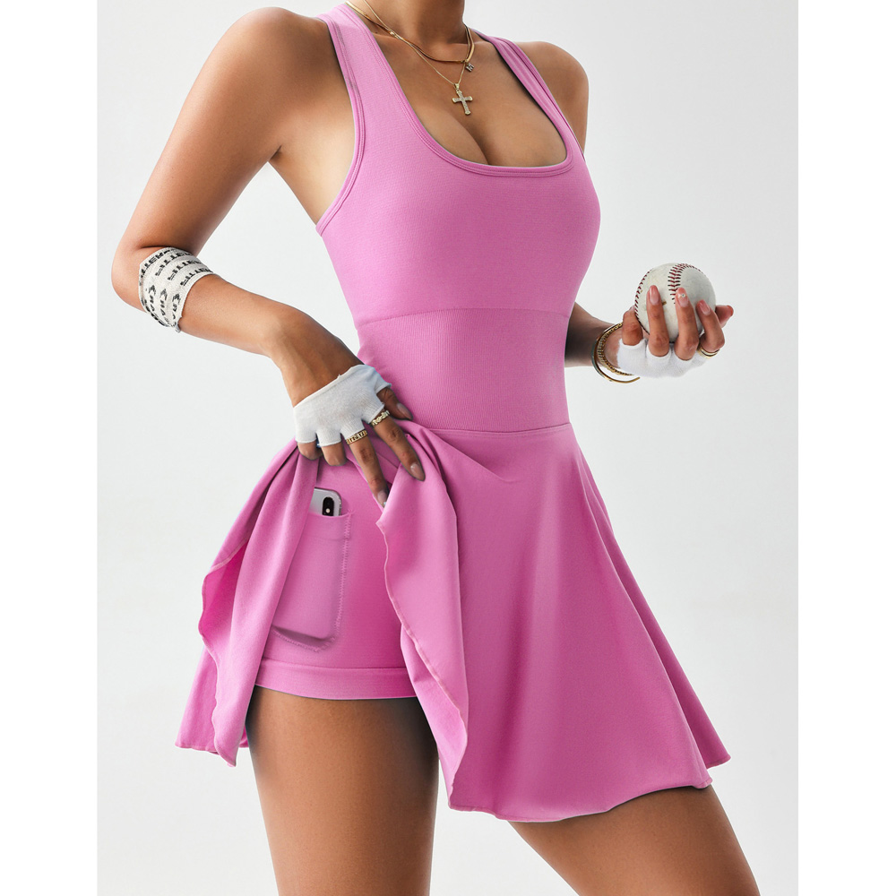 女子无袖连体连衣裤方领运动网球连衣裙内置短裤连衣裙与口袋