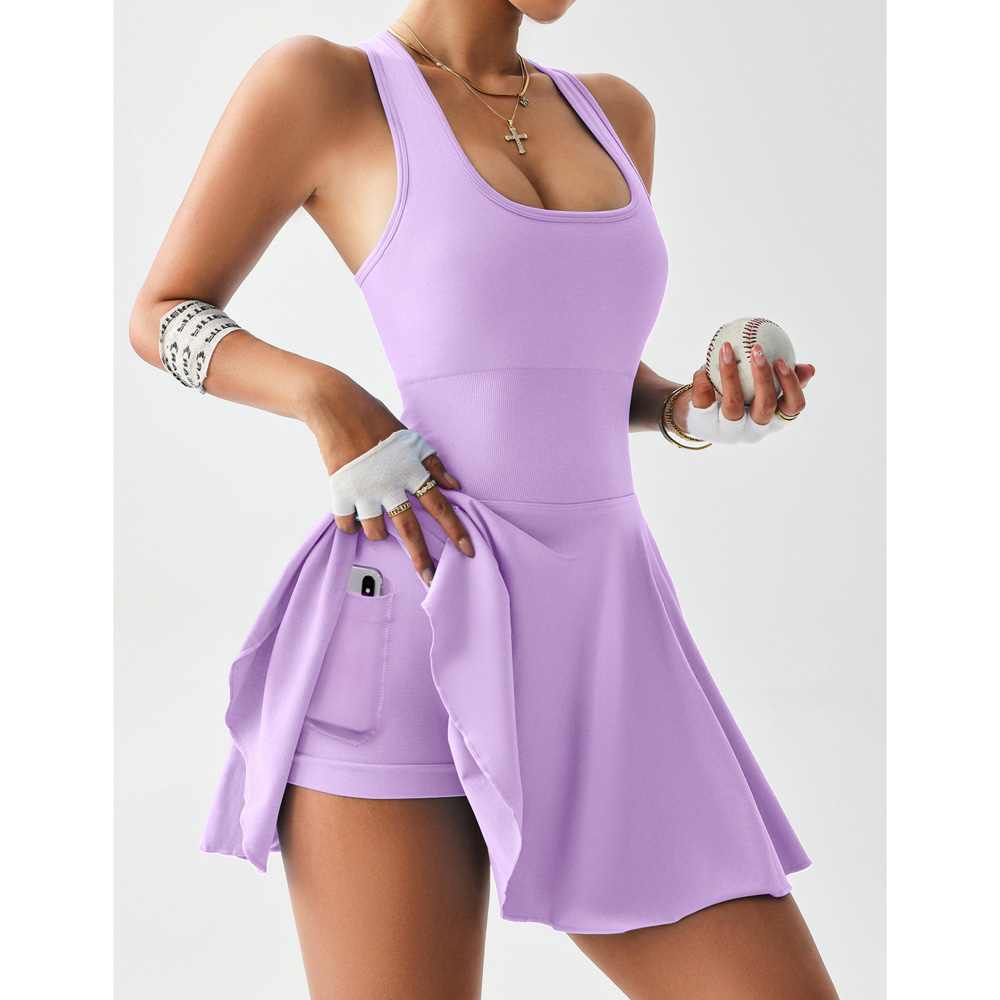 女子无袖连体连衣裤方领运动网球连衣裙内置短裤连衣裙与口袋