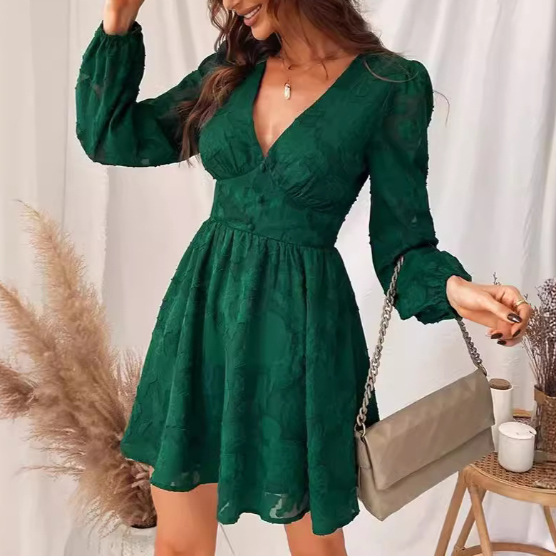 Women's Low-Cut Floral Mini Dress - Long Sleeve A-Line Spring Party Dress in Green Polyester