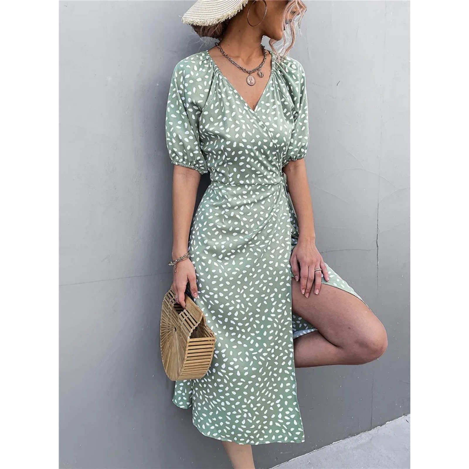  波西米亚风时尚休闲女雪纺 V领侧裹式中长夏季波点女泡泡袖连衣裙