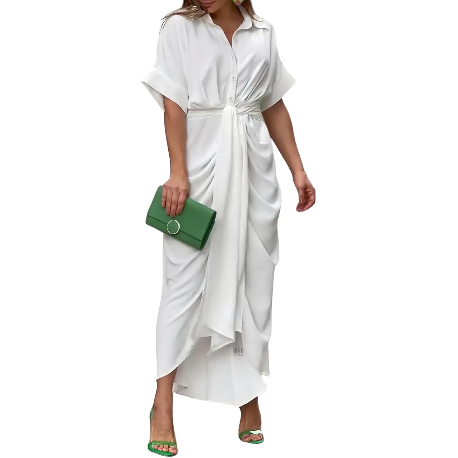 Women's Summer Button Down Ruched Shirt Dresses Short Sleeve Lapel V Neck Elegant Party High Waisted Maxi Dress