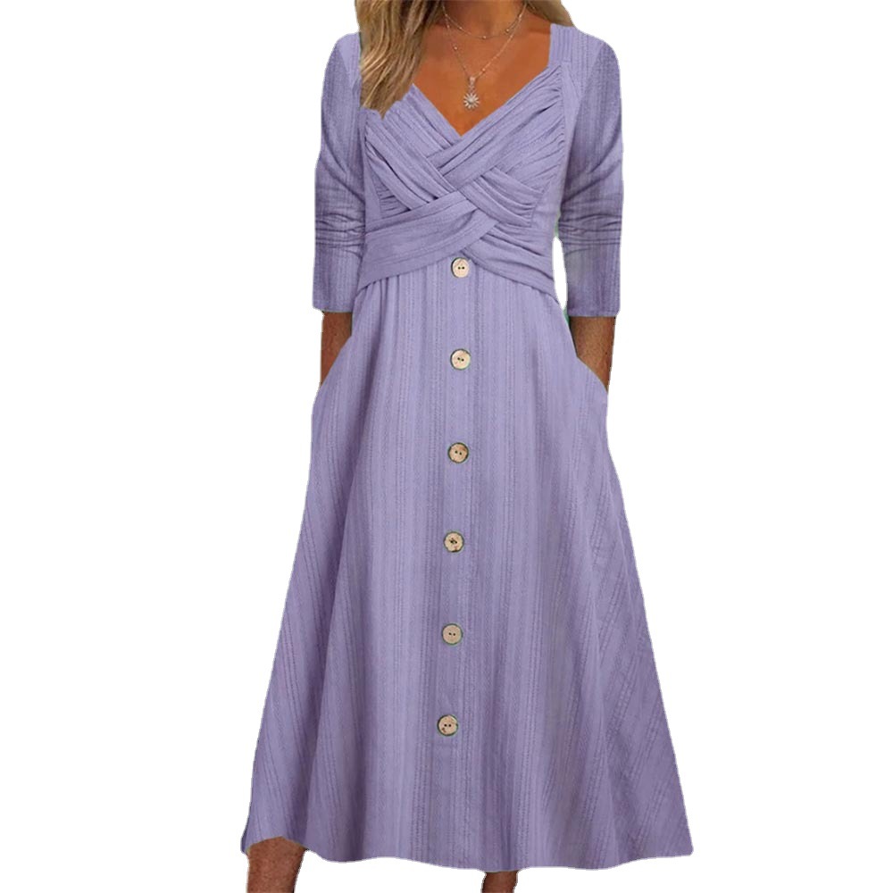 女装纯色长袖V领交叉纽扣休闲连衣裙长裙