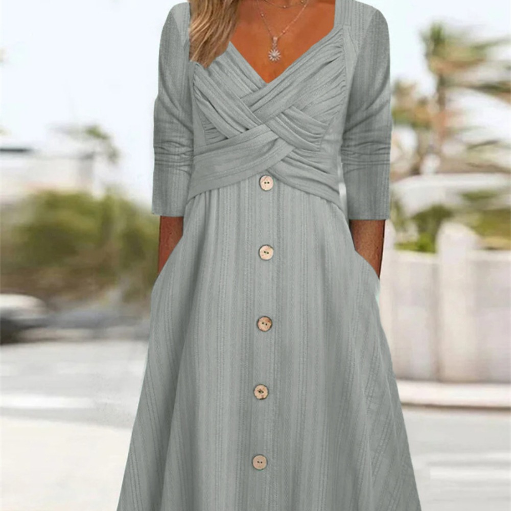 女装纯色长袖V领交叉纽扣休闲连衣裙长裙