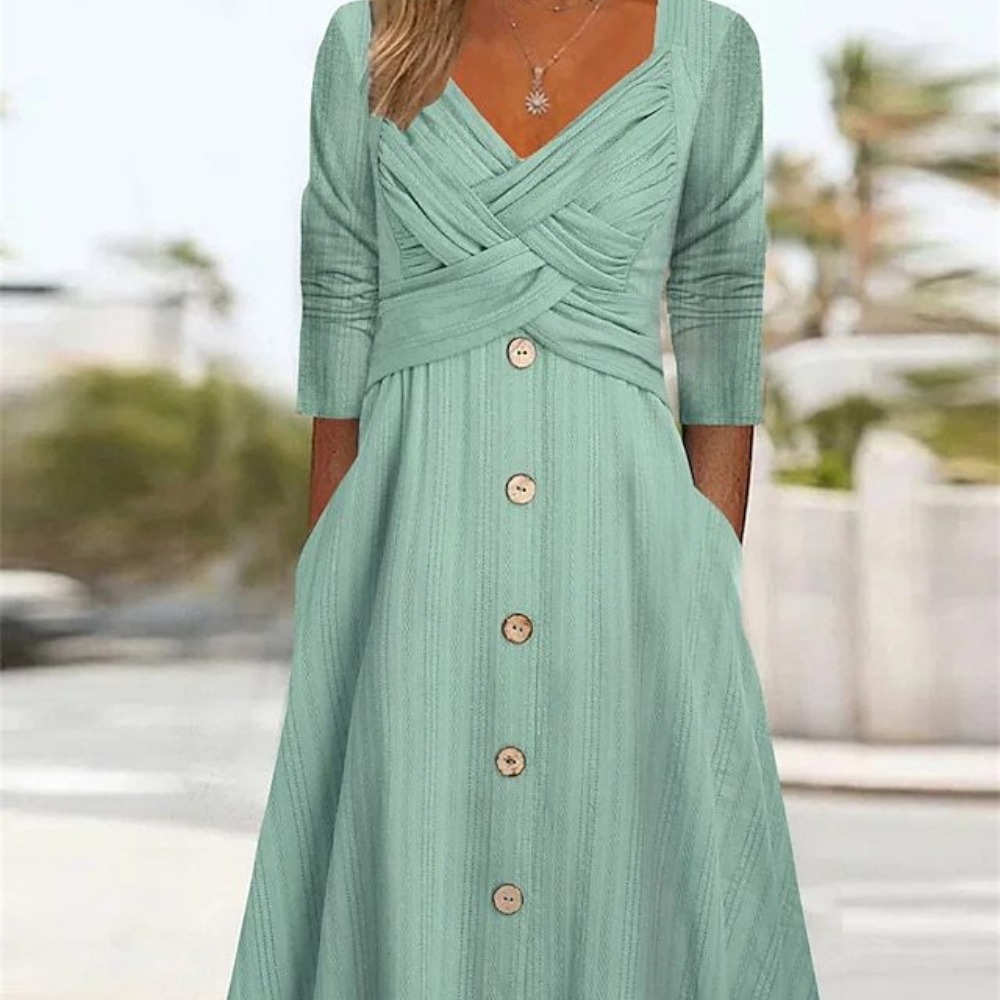 女装纯色长袖V领交叉纽扣休闲连衣裙长裙