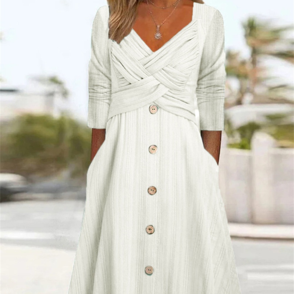 女装纯色长袖V领交叉纽扣休闲连衣裙长裙