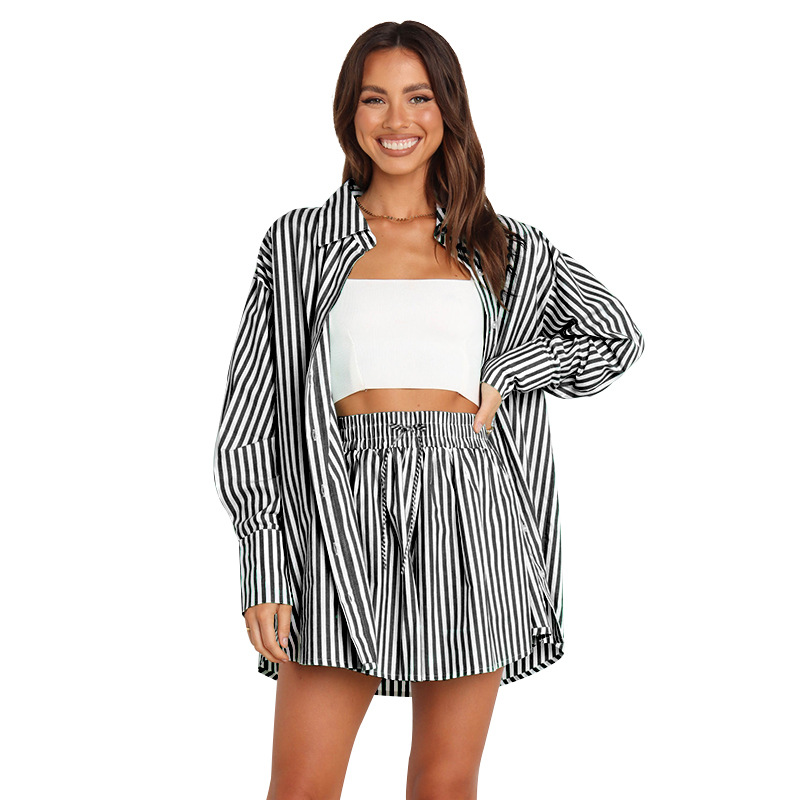 Women's Summer Casual 2 Piece Sets Loose Long Sleeve Striped Shirt & High Waisted Drawstring Wide-Leg Short Pant Set Work Beach Holiday Essentials