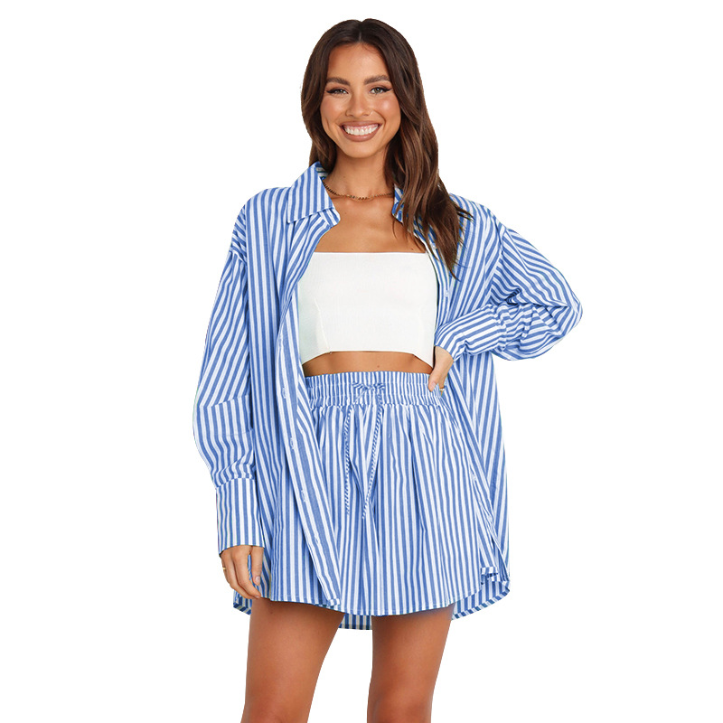 Women's Summer Casual 2 Piece Sets Loose Long Sleeve Striped Shirt & High Waisted Drawstring Wide-Leg Short Pant Set Work Beach Holiday Essentials