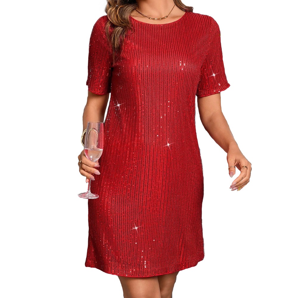 时尚短袖亮片气质连衣裙礼服裙女