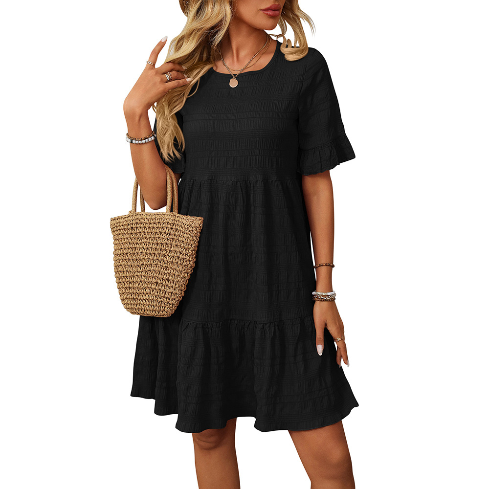 Women's Summer Crew Neck Ruffle Sleeve A-Line Dress Flowy Tiered Hem Casual Loose Fit Beach Vacation Sundress Cottagecore Boho Midi Dress
