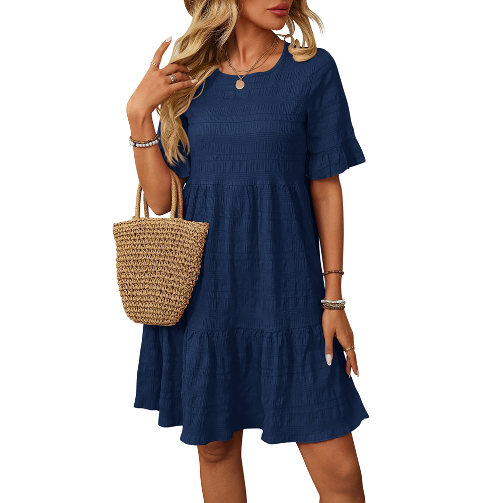 Women's Summer Crew Neck Ruffle Sleeve A-Line Dress Flowy Tiered Hem Casual Loose Fit Beach Vacation Sundress Cottagecore Boho Midi Dress