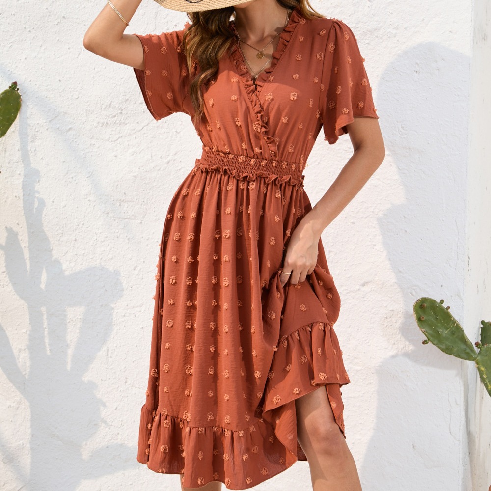 v领高腰绑带连衣裙毛球短袖连衣裙休闲度假旅游裙