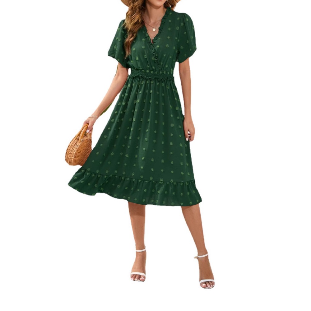 v领高腰绑带连衣裙毛球短袖连衣裙休闲度假旅游裙