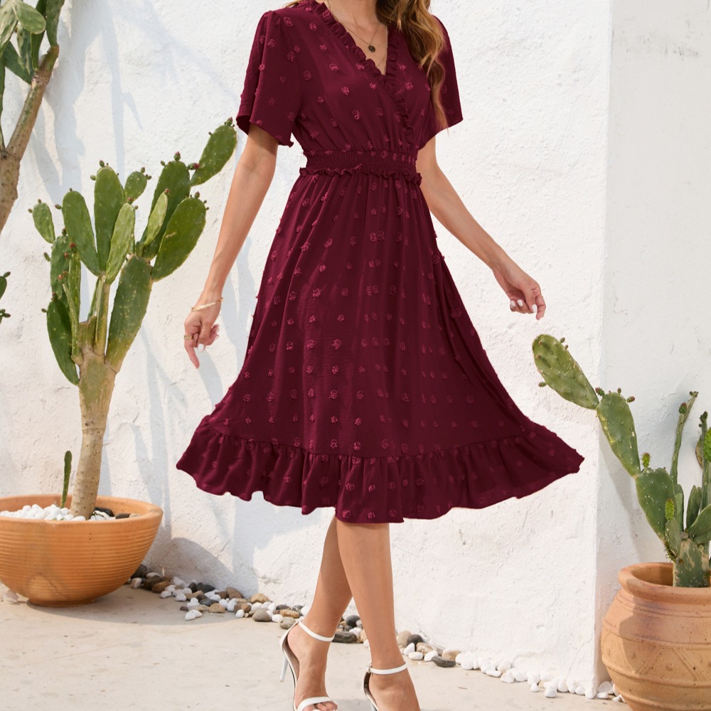 V-Neck Sundress High Waist Tie-Waist Dress Pom Pom Sleeve Dress Vacation Maxi Dress Boho Beach Dress