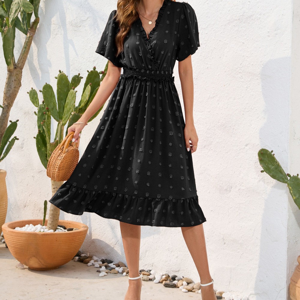 v领高腰绑带连衣裙毛球短袖连衣裙休闲度假旅游裙