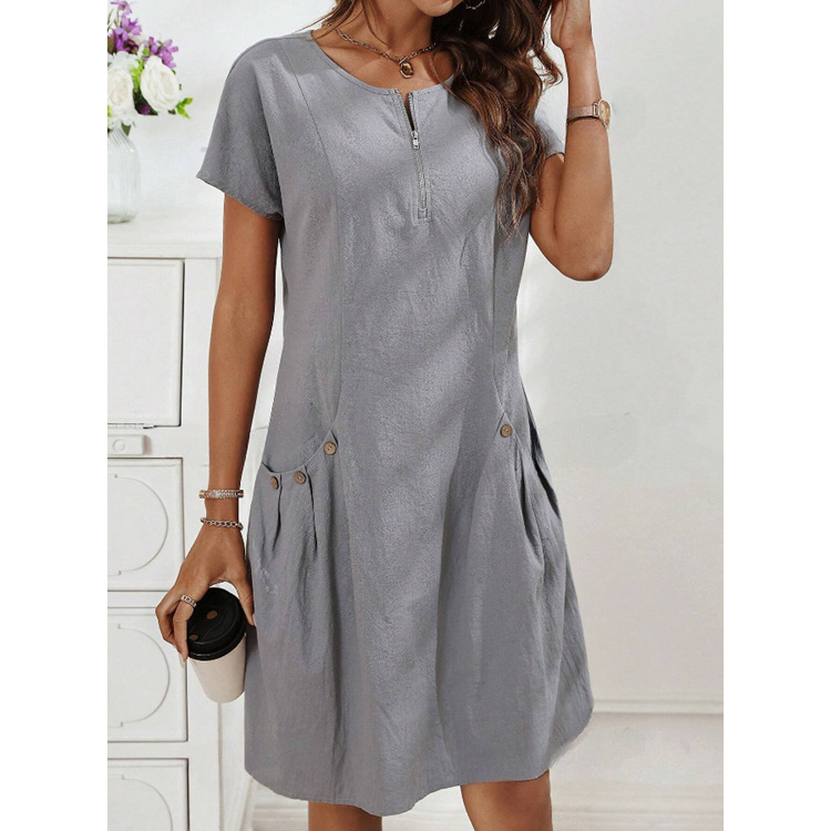 women's Casual Party Zipper Placket Button Double Pockets Summer Casual Dress Mini Dress