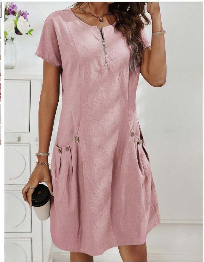 women's Casual Party Zipper Placket Button Double Pockets Summer Casual Dress Mini Dress