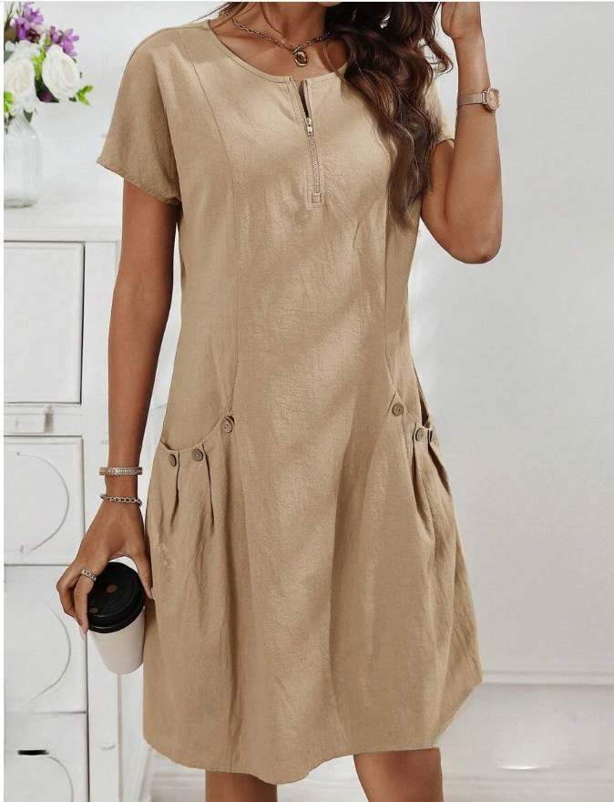women's Casual Party Zipper Placket Button Double Pockets Summer Casual Dress Mini Dress