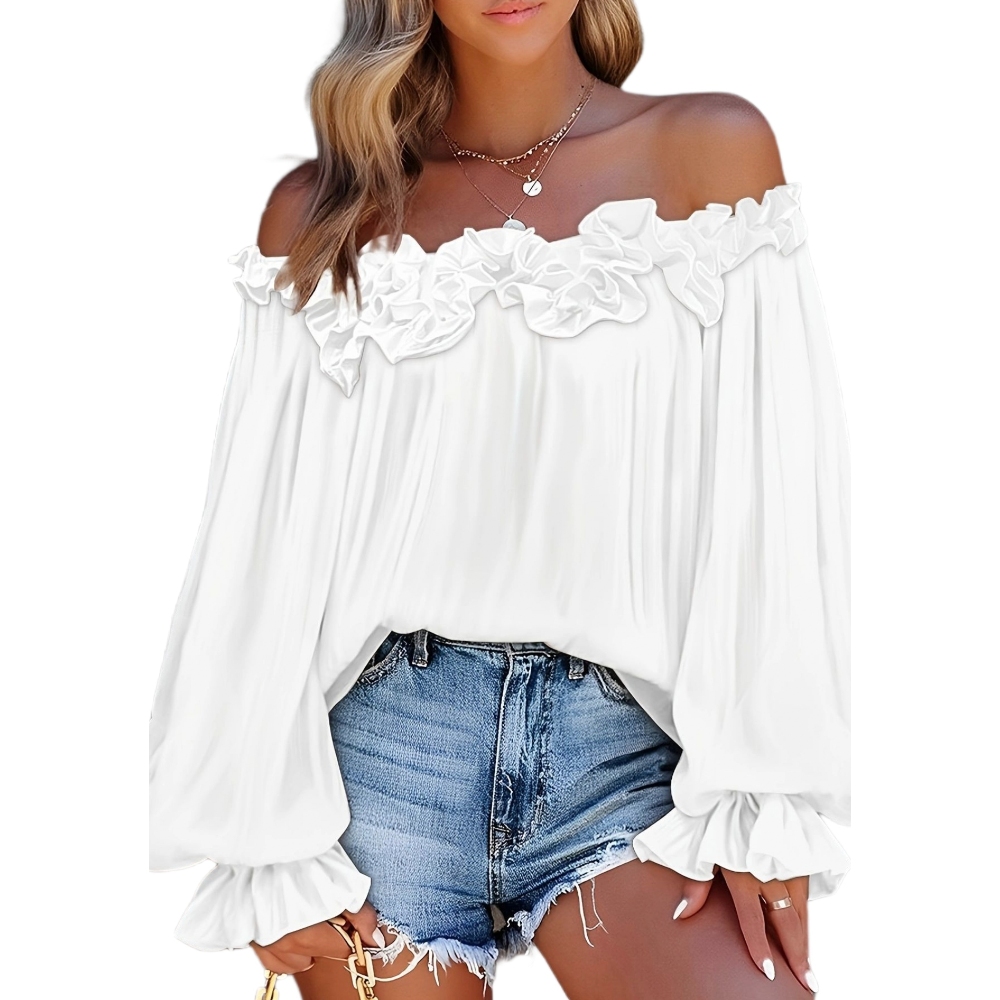 Women's Summer Ruffle Trim Off Shoulder Tops Flowy Solid Color Puff Long Sleeves Blouse Shirts Loose Casual Vacation & Commuter Essentials 