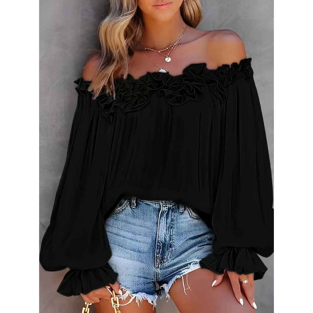 Women's Summer Ruffle Trim Off Shoulder Tops Flowy Solid Color Puff Long Sleeves Blouse Shirts Loose Casual Vacation & Commuter Essentials 