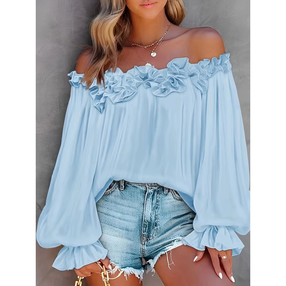 Women's Summer Ruffle Trim Off Shoulder Tops Flowy Solid Color Puff Long Sleeves Blouse Shirts Loose Casual Vacation & Commuter Essentials 