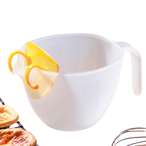 Food-Grade Plastic Measuring Cup with Scale, Egg Liquid Filter, and Strainer – Multi-Use Baking Mixing Cup for Eggs, Batter, Washing Rice, and Kitchen Prep