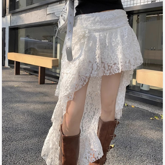 Y2K Lace Mini Skirt for Women Fairy Asymmetrical Layered Flowy Short Skirt High Waist Pleated Ruffle Half Slip Skirt