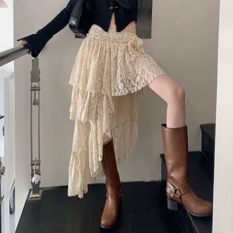 Y2K Lace Mini Skirt for Women Fairy Asymmetrical Layered Flowy Short Skirt High Waist Pleated Ruffle Half Slip Skirt
