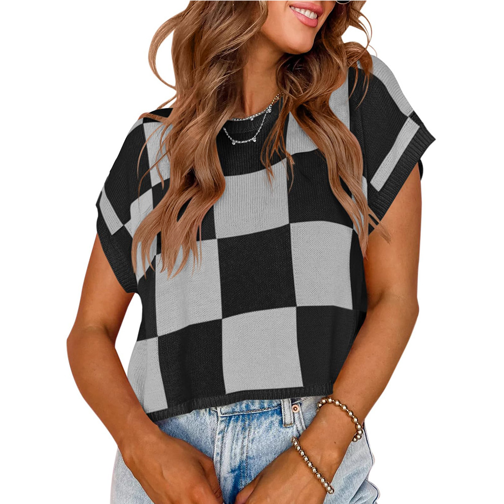 Women's 2025 Summer Checkerboard Knit Crop Tops Cap Sleeve Crew Neck Color Block Vest Y2K Loose Casual Worklewk Chic Slimming Beach-to-Street Essentials