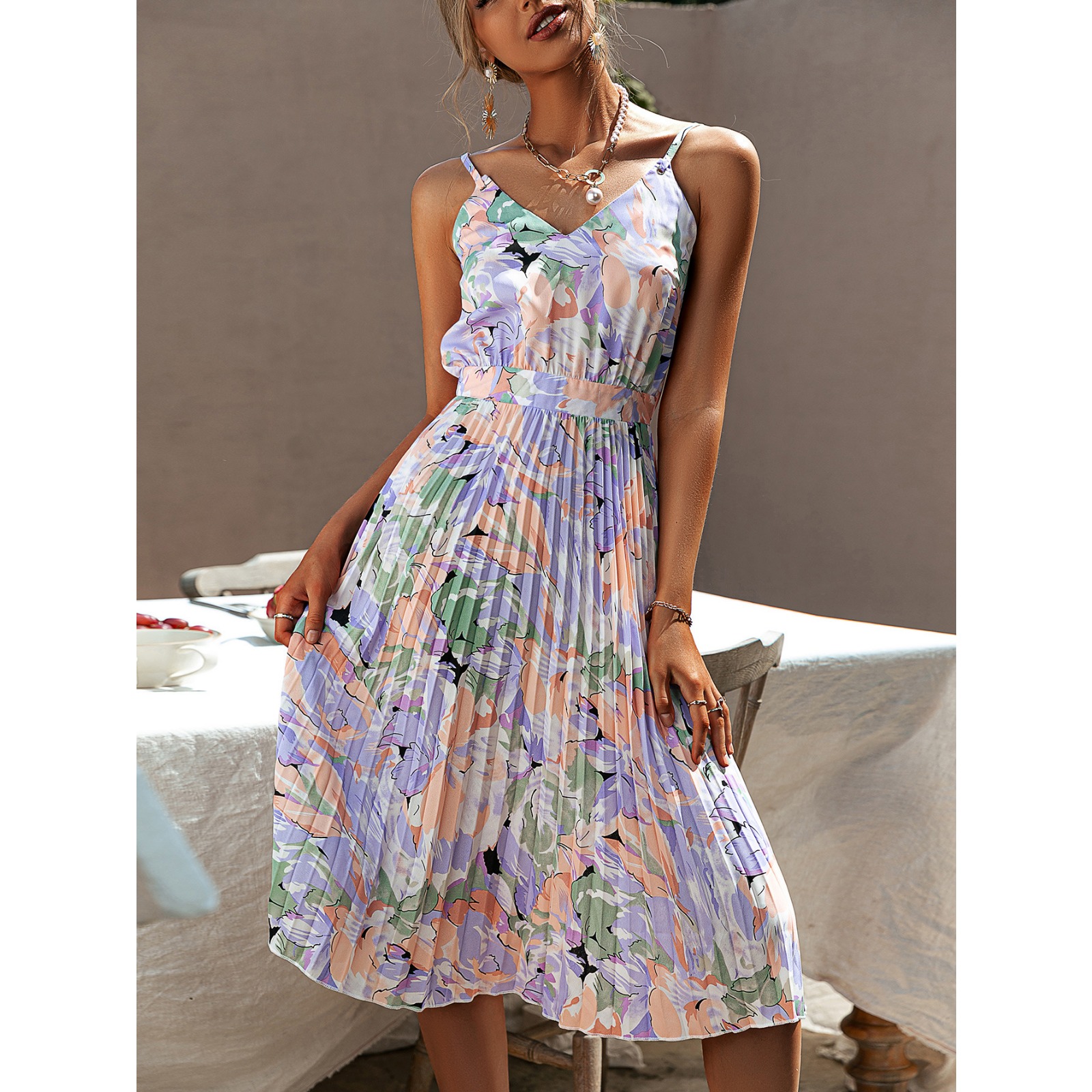 欧美女装 气质优雅印花吊带裙性感V领高腰露背连衣裙