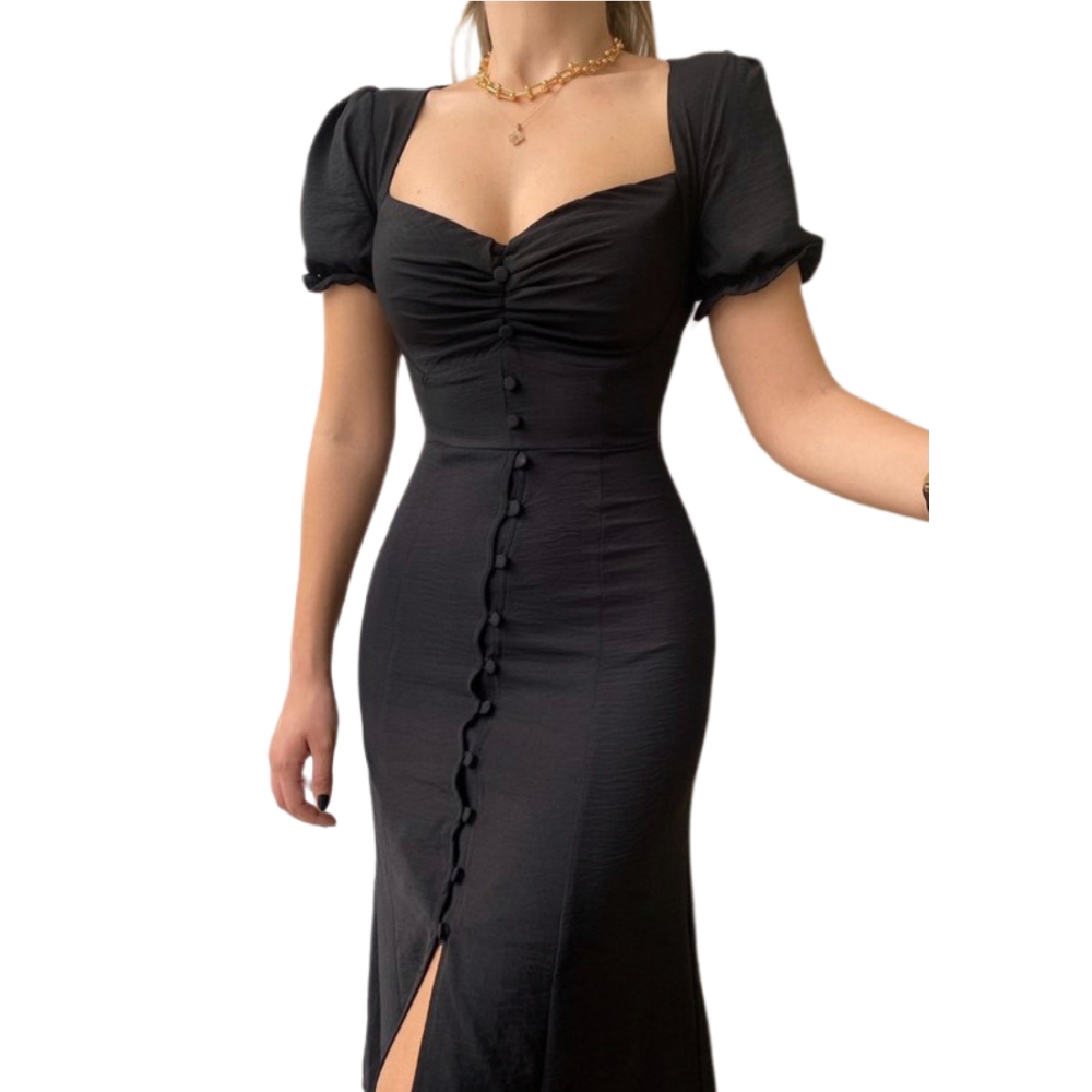 2025年欧美跨境春夏新款 V领单排扣气质中长款连衣裙