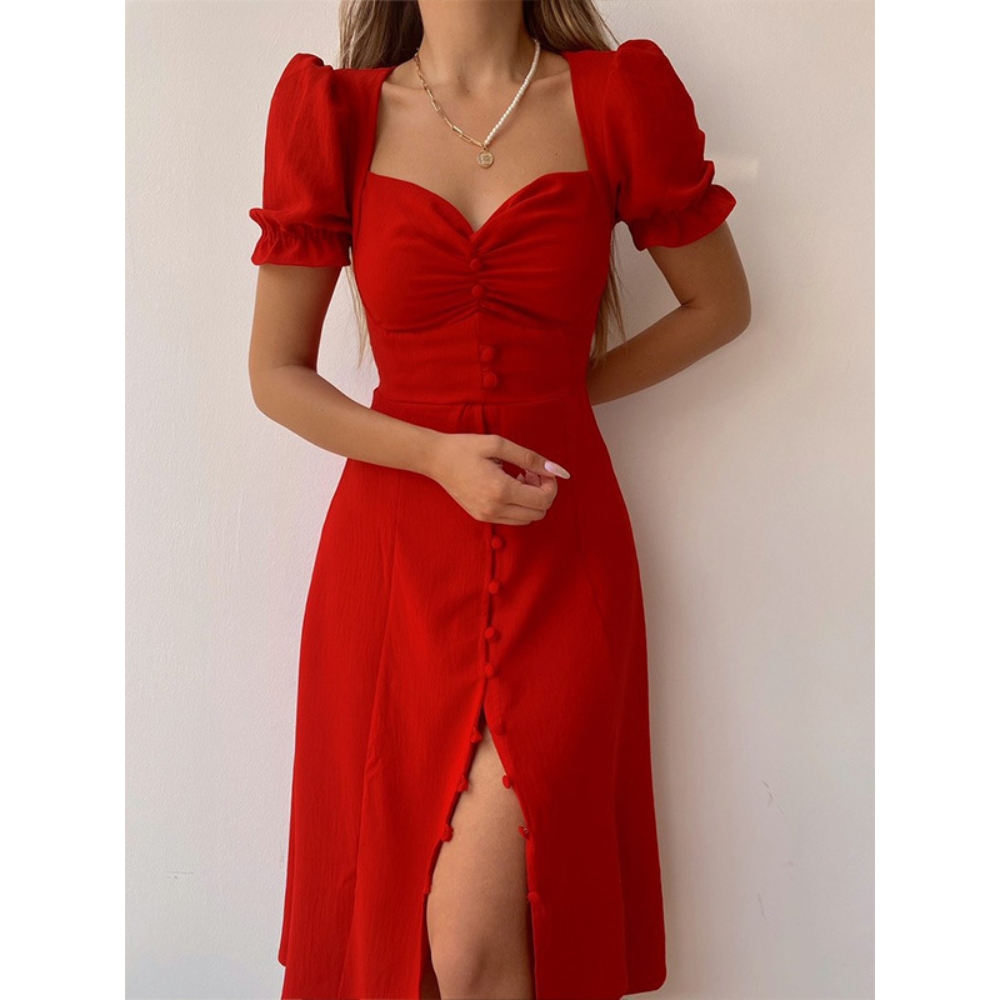 Women's Summer Sweetheart Neck Button Front Midi Dress, Sexy High Split Short Sleeves Dresses, Elegant Wrap Lightweight Dresses for Office-to-Cocktail Transition
