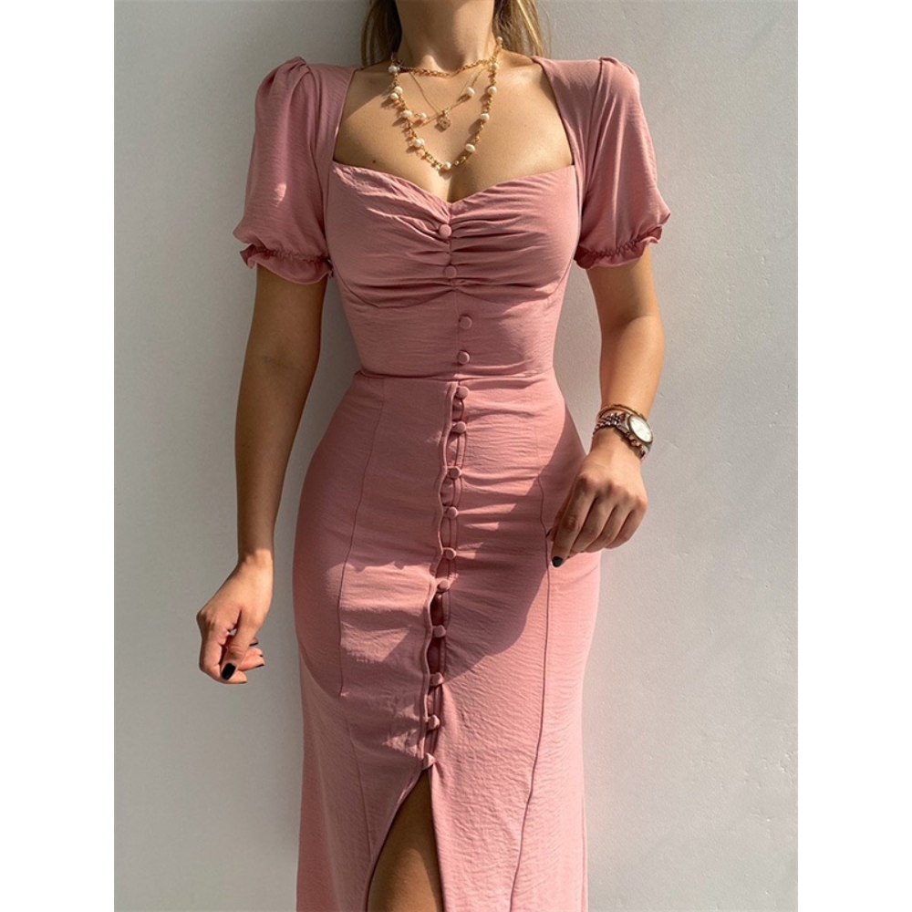 Women's Summer Sweetheart Neck Button Front Midi Dress, Sexy High Split Short Sleeves Dresses, Elegant Wrap Lightweight Dresses for Office-to-Cocktail Transition