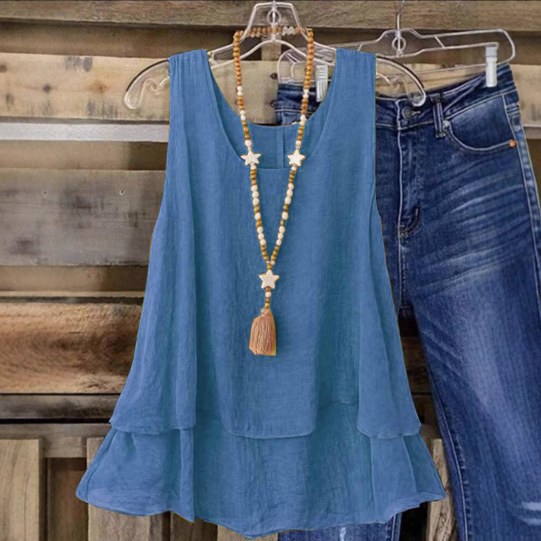 Women's Mock Layered U-Neck Tank Top - Wide Strap Casual Sleeveless Shirt with Flared Hem (Solid Color)