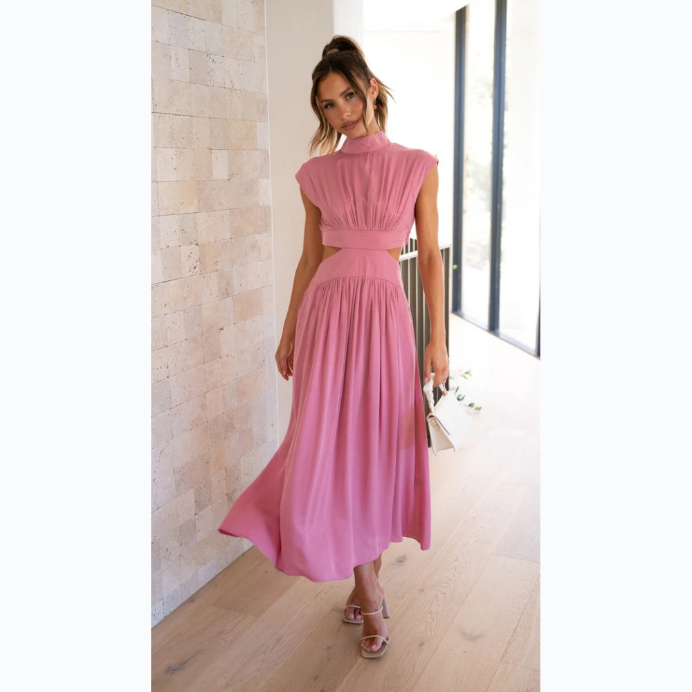 Women's Summer Cut Out Waist Short Dresses, Solid Elegant High Neck Sleeveless Dress Casual Pleated A-line Swing Flowy Dress Street Beach Vacation Long Dresses