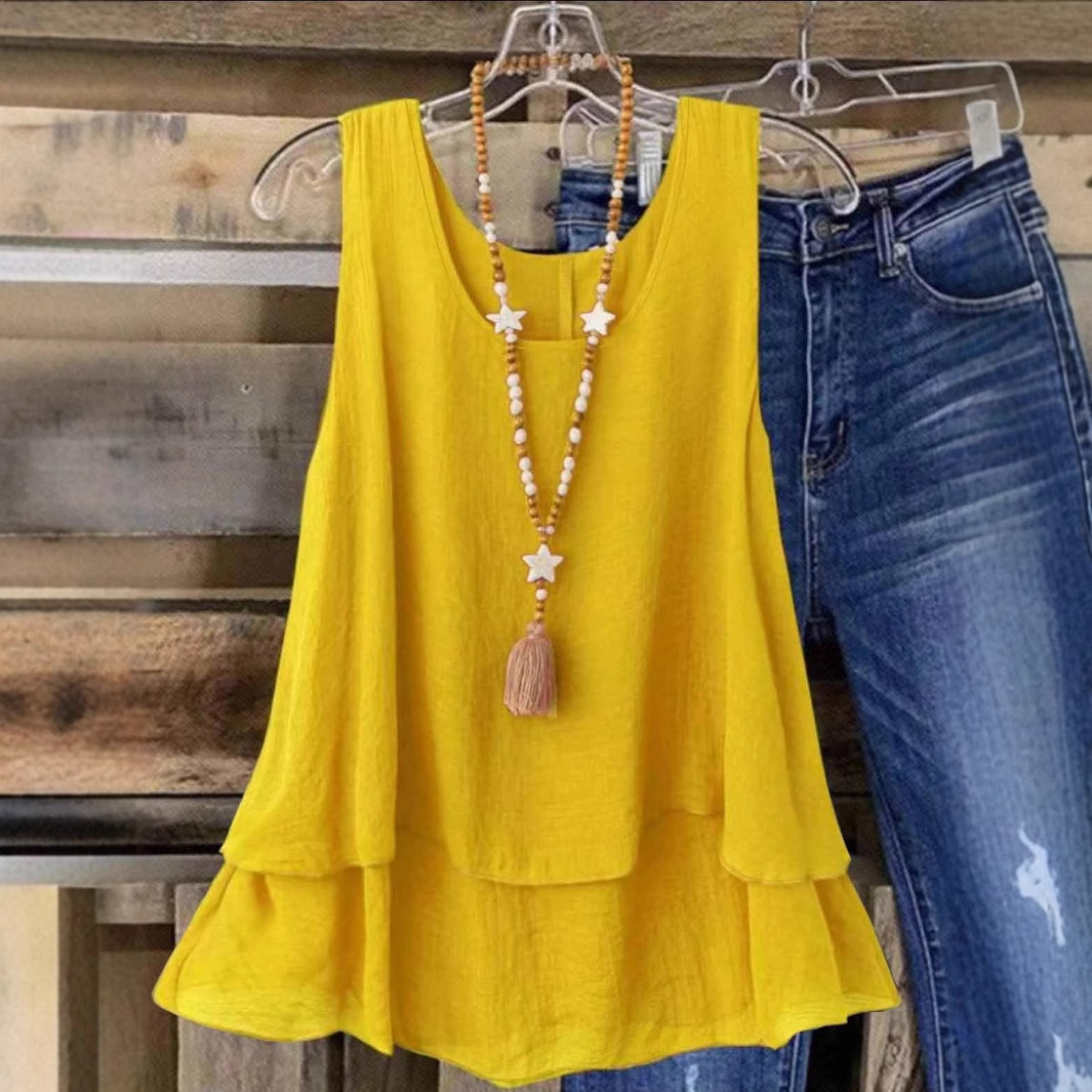 女装夏季新款纯色休闲无袖U领假两层T恤