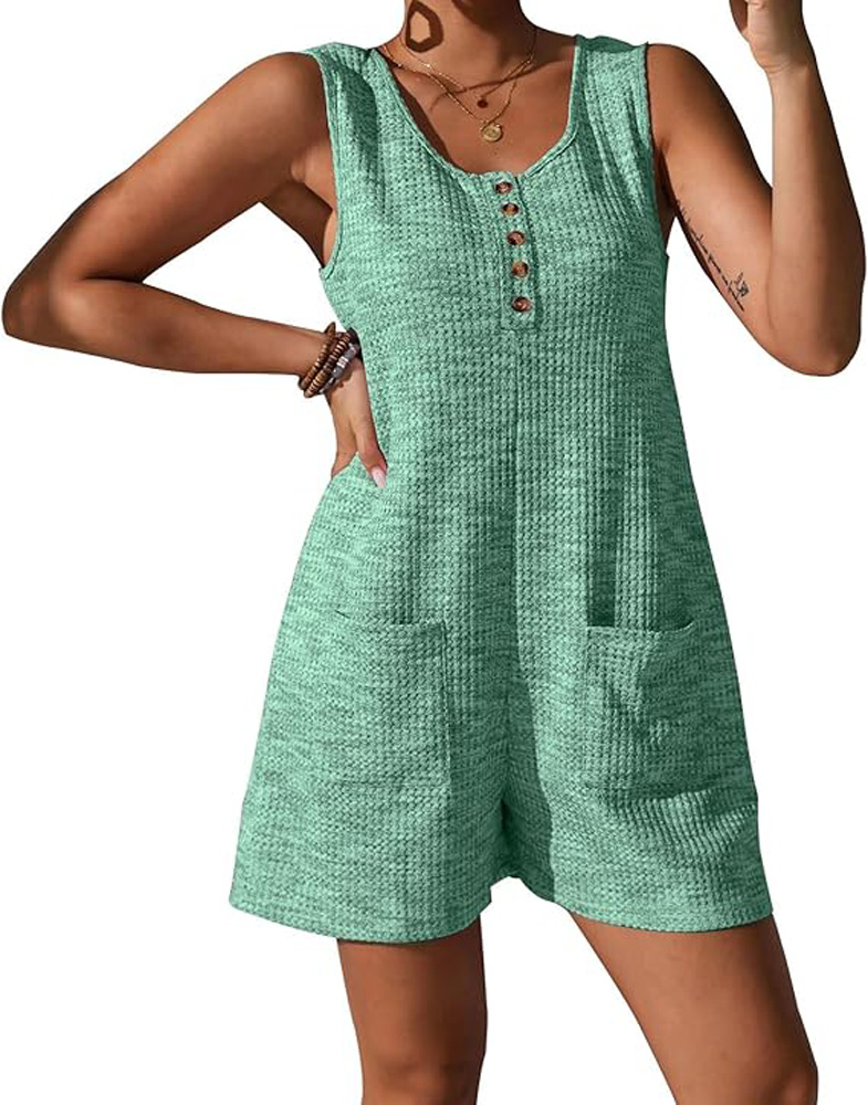 女士无袖连身裤夏季休闲华夫工装裤短裤宽松的度假连身裤口袋2025海滩服装