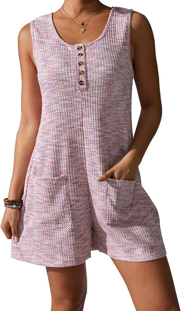 Women Sleeveless Rompers Summer Casual Waffle Overalls Shorts Loose Vacation Jumpsuit with Pockets 2025 Beach Outfits