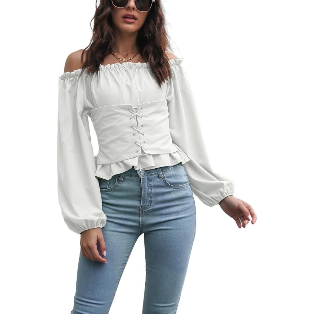 Women's 2025 Summer Off Shoulder Chiffon Blouse Lantern Sleeve Front Tie Waist Tunic Ruffles Short Top Slim Fit Ruched Long Sleeve Shirts