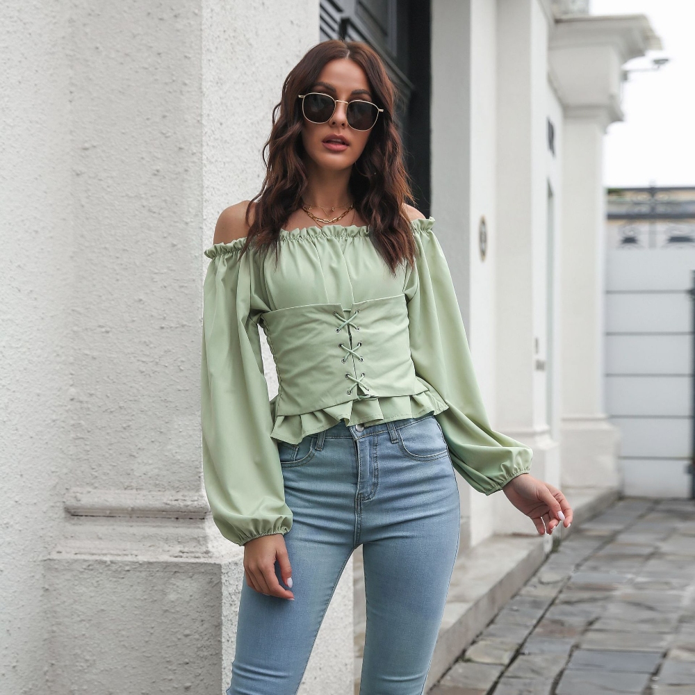 Women's 2025 Summer Off Shoulder Chiffon Blouse Lantern Sleeve Front Tie Waist Tunic Ruffles Short Top Slim Fit Ruched Long Sleeve Shirts