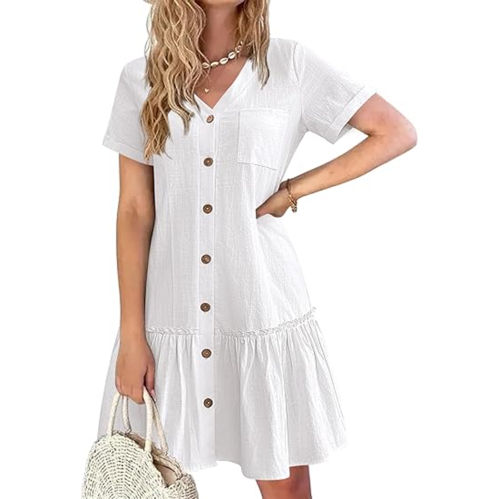 Women's Summer Button Down Dress V Neck Short Sleeve Loose Fit Cotton Linen Blend Casual Swing T Shirt Dress Ruffle Hem Tunic Pocket Detail A-line Dress Beach Vacation Essentials