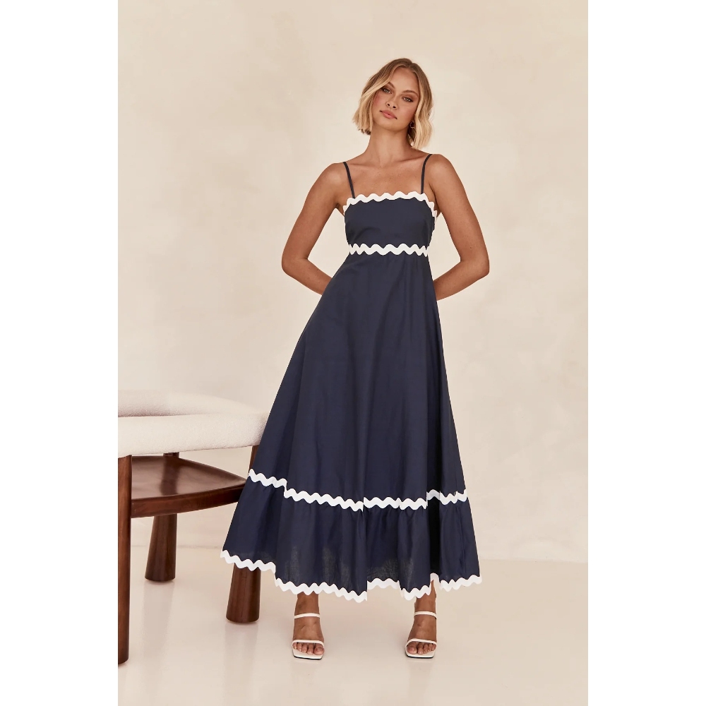 Women's 2025 Summer Spaghetti Straps Smocked Waist Ruffle Hem Maxi Dress Flowy A Line Beach Sundress Solid Color RIC Rac Casual Street Style Long Dress