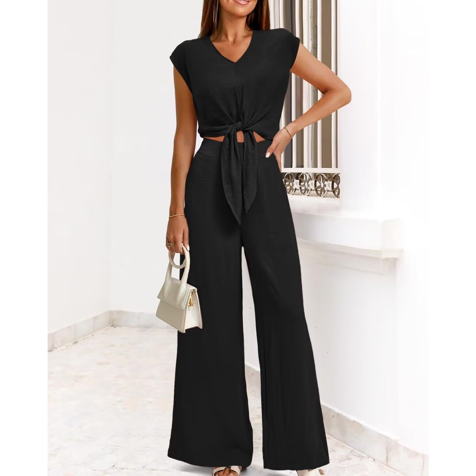 欧美时尚女式夏季 2 件套盖袖 V 领束带短款上衣阔腿裤套装