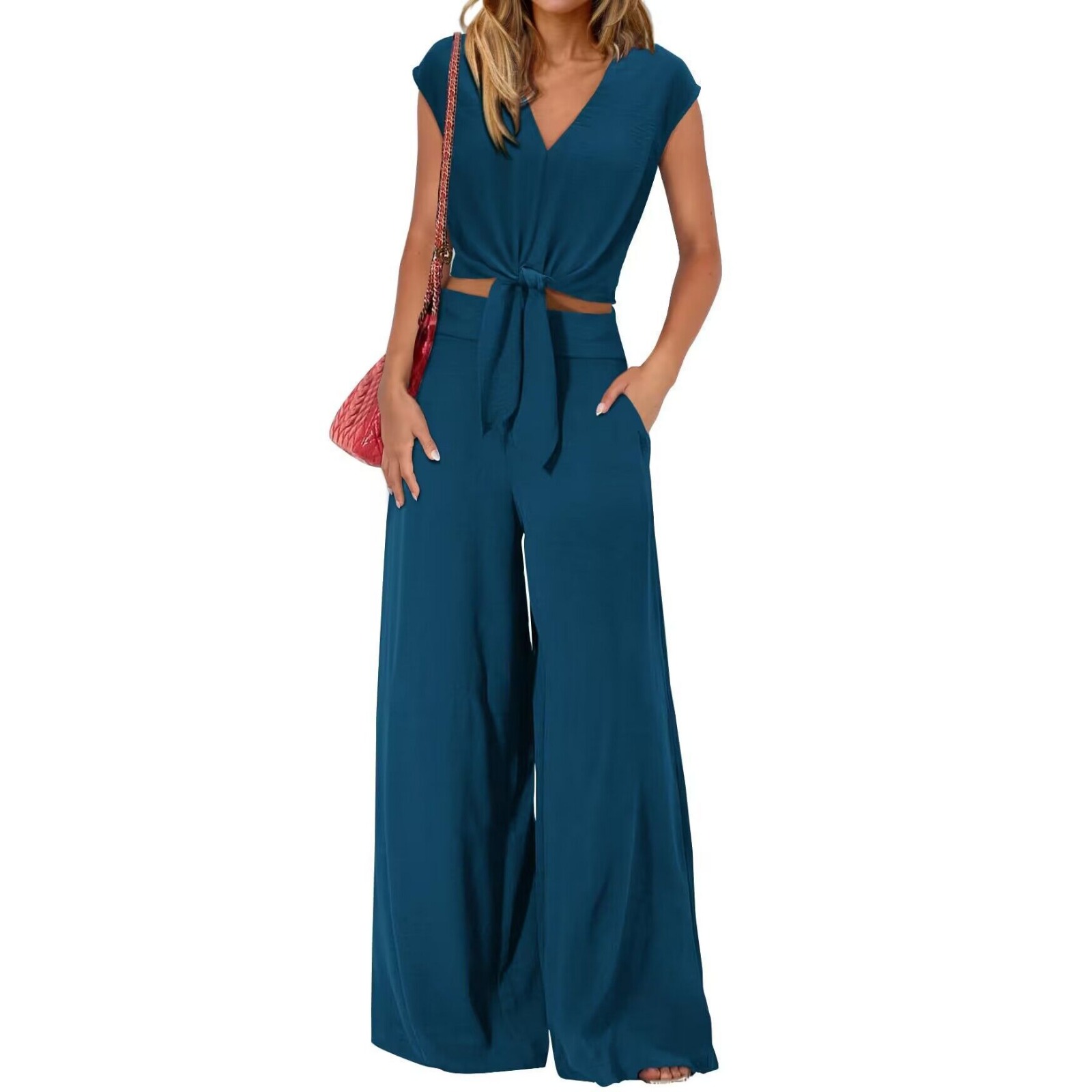 Women's Summer 2-Piece Outfit - Sleeve Cover V-Neck Tie-Front Crop Top with Wide-Leg Pants