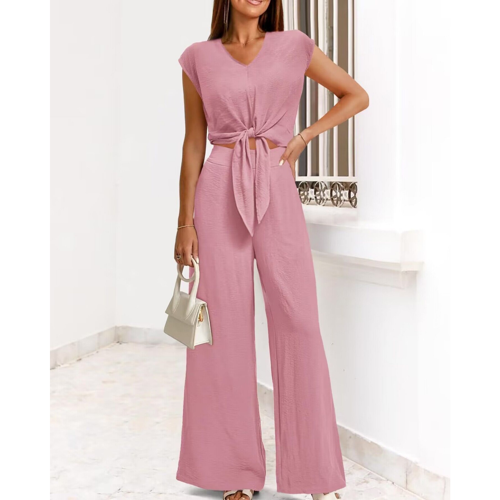 Women's Summer 2-Piece Outfit - Sleeve Cover V-Neck Tie-Front Crop Top with Wide-Leg Pants