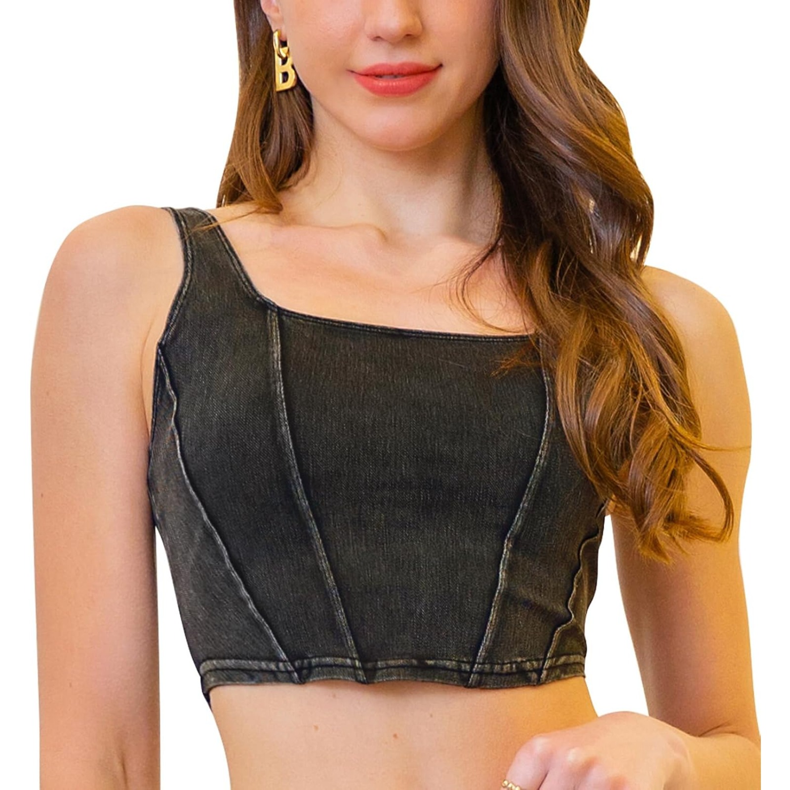 Denim Corset Top for Women Square Neck Jean Crop Tank Tops Sleeveless Bustier Cami Cropped Shirt