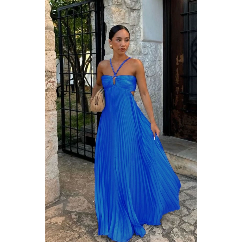 现货25年夏季新款欧美跨境外贸纯色抹胸压褶无袖吊带连衣裙