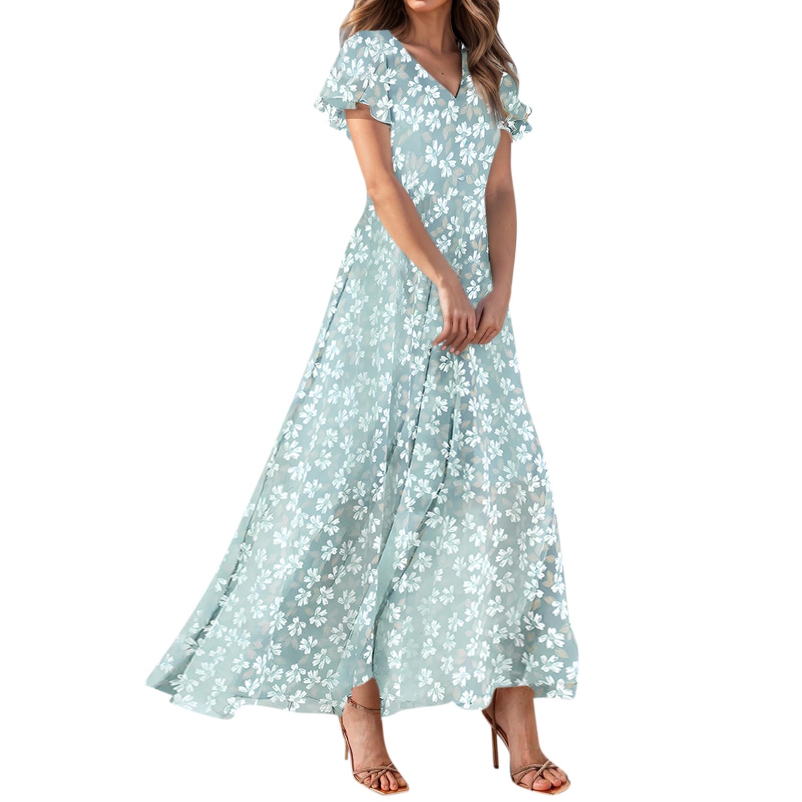 Summer Floral Print V-Neck Maxi Dress - Flowy Chiffon Long Dress with Short Sleeves