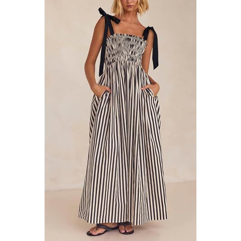 25年欧美跨境春夏款条纹打揽橡筋性感大摆插袋吊带连衣裙