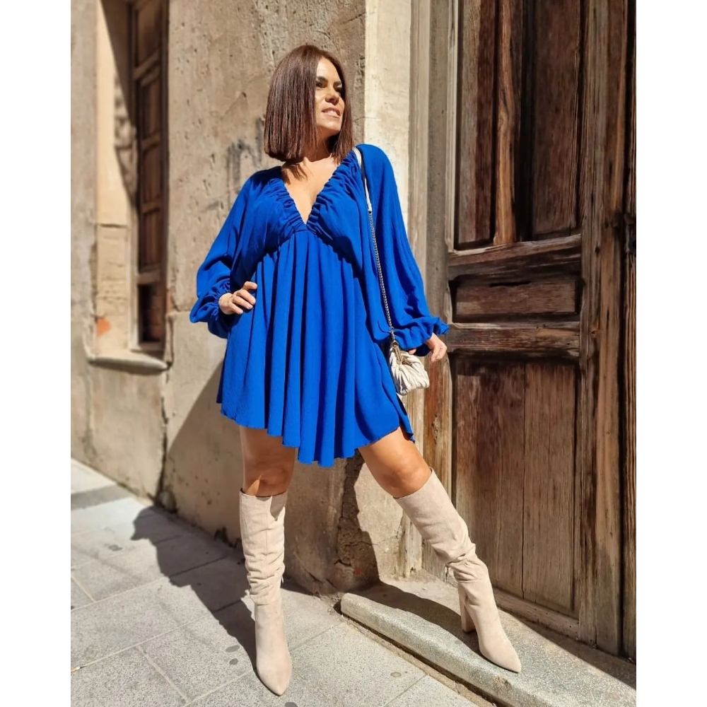 2025欧美跨境亚马逊新款V领长袖连衣裙自主设计泡泡袖大摆裙