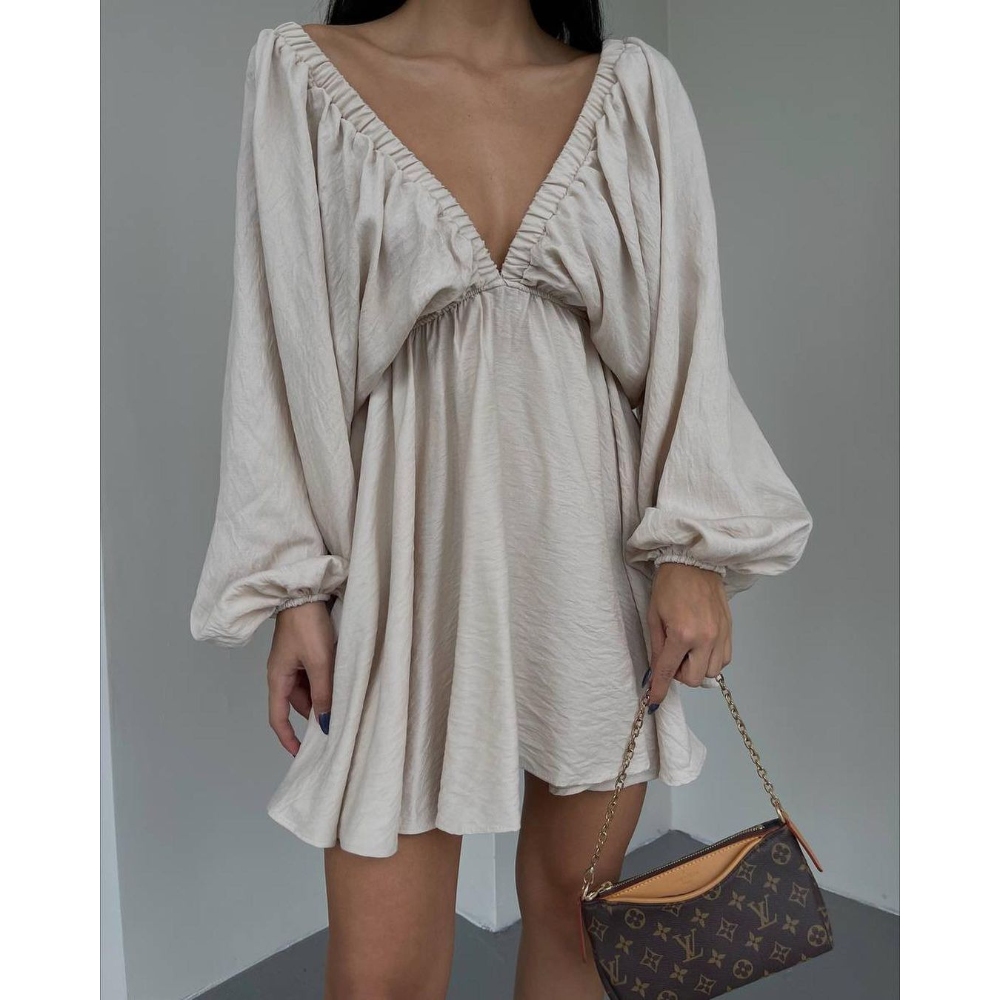 2025欧美跨境亚马逊新款V领长袖连衣裙自主设计泡泡袖大摆裙